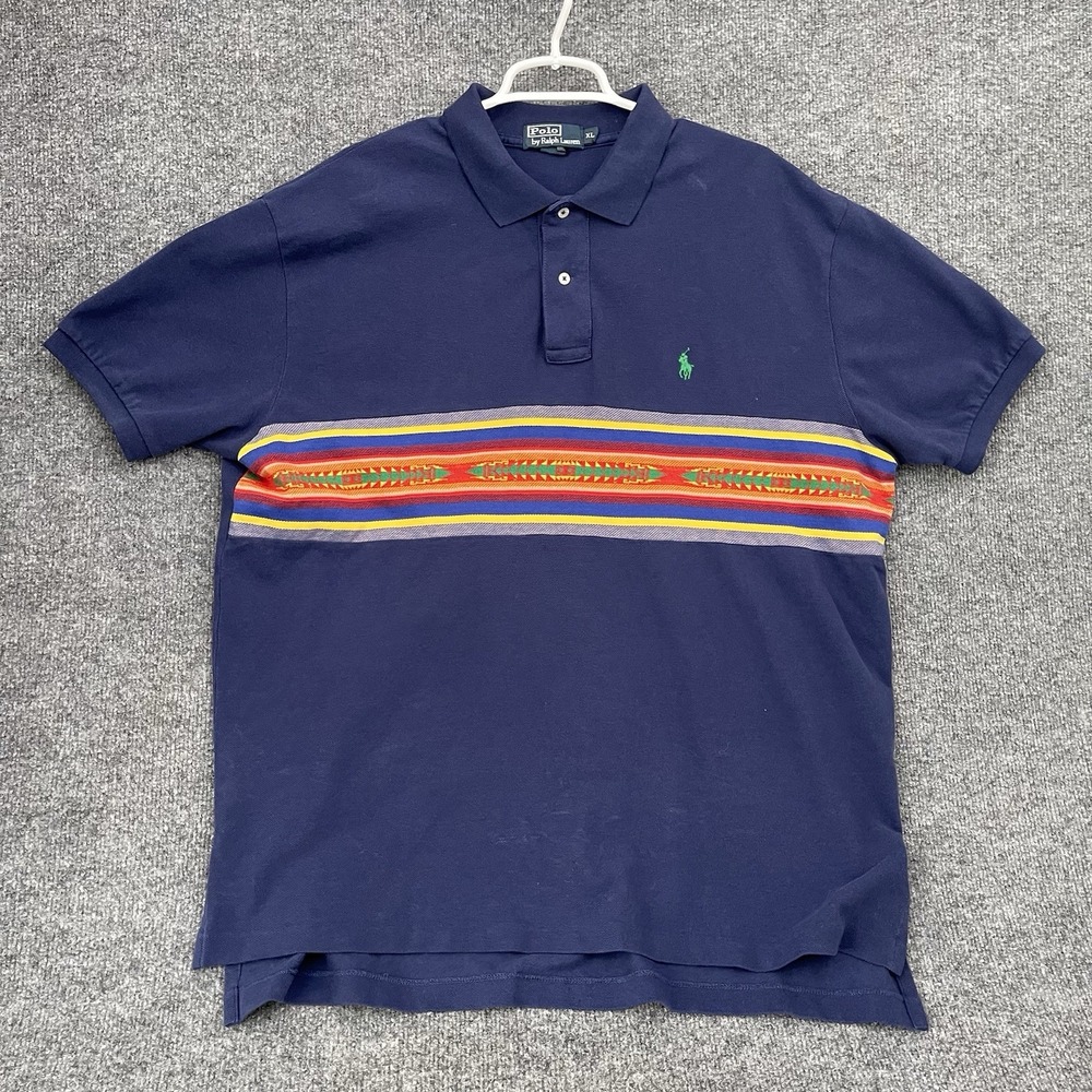 Ralph Lauren Polo Cotton Shirt Mens Sz XL Navy Blue Aztec Stripe Short Sleeve